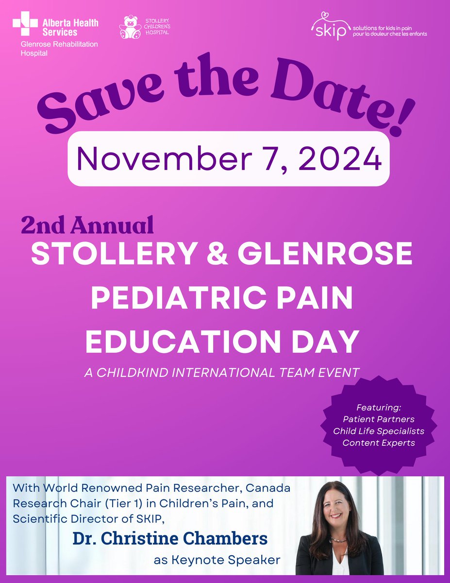 PEAKResearchYEG's tweet photo. 📢✨Excited to announce the 2nd annual #ChildKind Stollery &amp; Glenrose Pediatric Pain Education Day. Join us to learn more about improving children's pain featuring amazing guests and Dr. Christine Chambers as the Keynote Speaker.

Save the date! More information to follow. https://t.co/GvA2xVgK5s