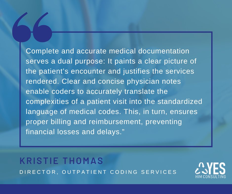 YesHIMconsult's tweet image. ASK AN EXPERT: Why is accurate documentation so critical? Kristie Thomas, Director, #Outpatient Coding Services, provides answers and best practices here: ow.ly/6MjZ50SZmBp
#YESHIMConsulting #OutpatientCoding #MedicalCoding #HealthcareManagement #ClinicalDocumentation