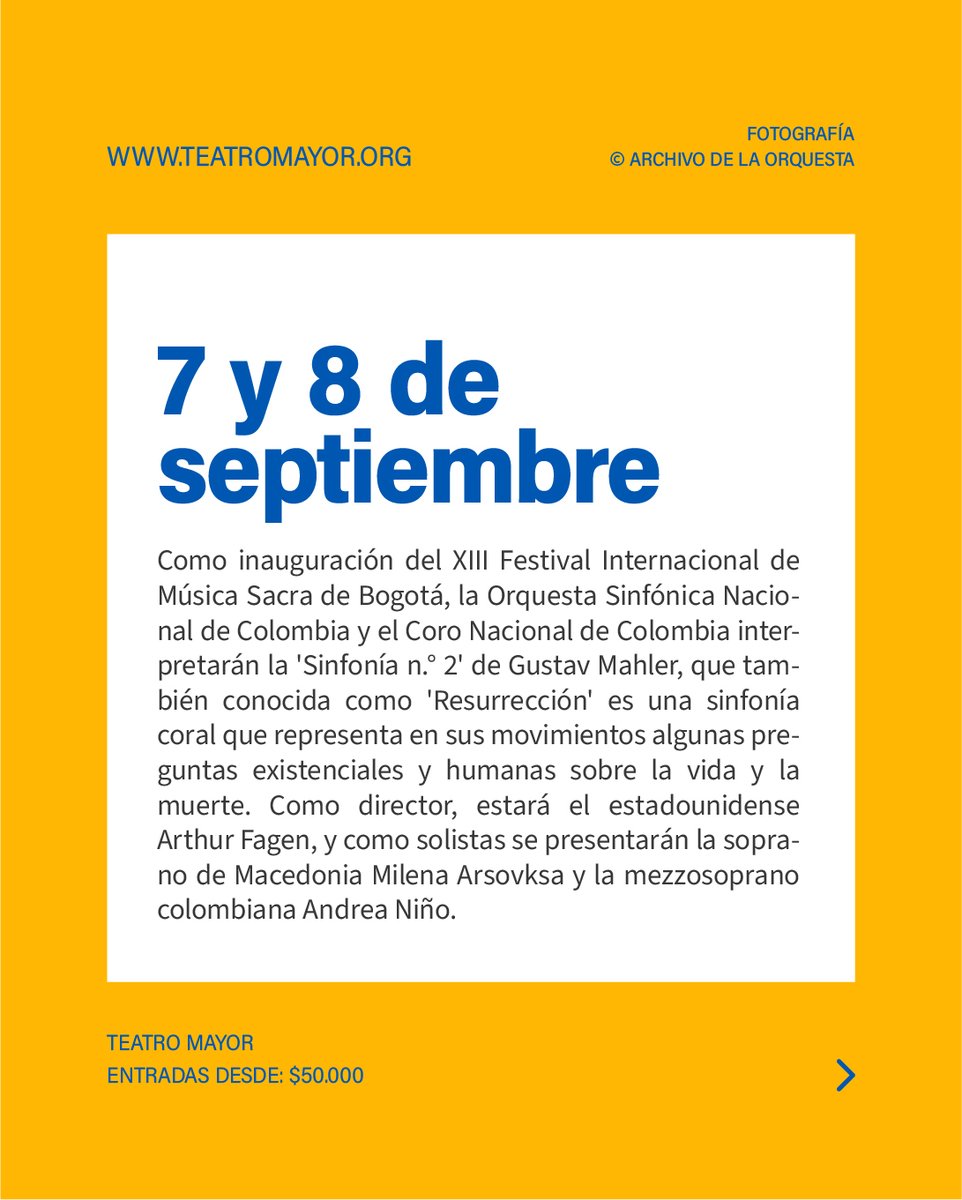 teatromayor's tweet photo. ¡Una noche mágica en el #TeatroMayor! 🎶✨
El próximo 7 y 8 de septiembre, la @SinfonicaCol y el @coronacionalcol interpretarán 'Resurrección' de #Mahler.
No te pierdas esta experiencia única que hace parte del @FMSBogota. Boletas en 👉 https://t.co/aLG49OFgnO https://t.co/g2aXYX2n1Z