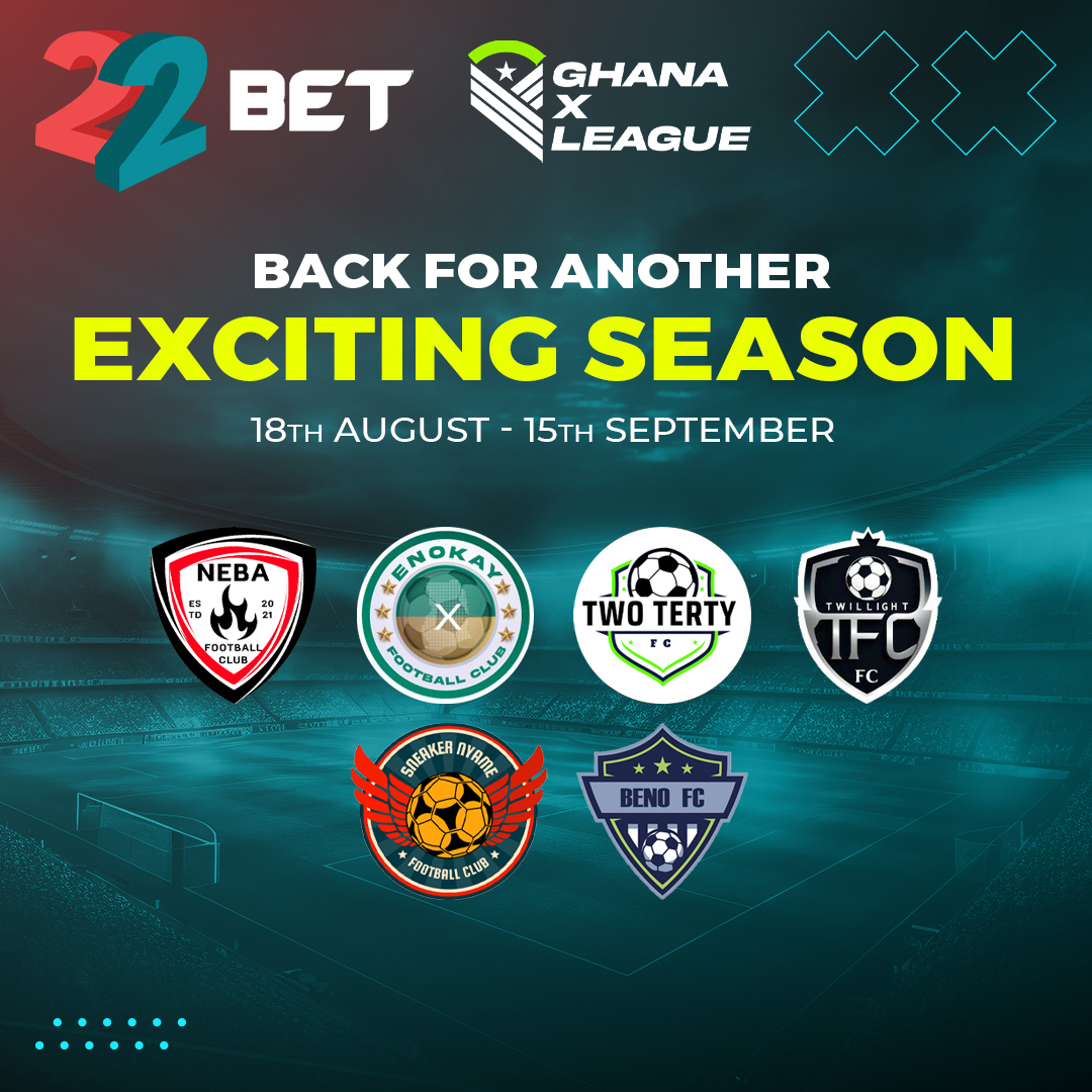 22Bet Ghana dey carry the X League go Madina Astro Turf! 

Come catch the vibe from 18th August to 15th September, win free bets, and chop big prizes like T-shirts, water bottles, KFC, Shoprite Shopping mall vouchers, etc

 No dulling for that side,  Come make we jam! ⚽️🇬🇭 

Sign