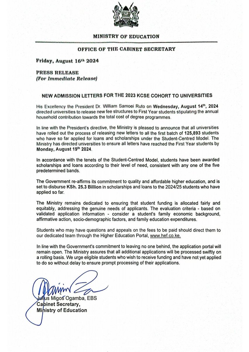 EDUCATION Cabinet Secretary Julius Migos Ogamba's statement on University new funding model.#HigherEducationNewFundingModel