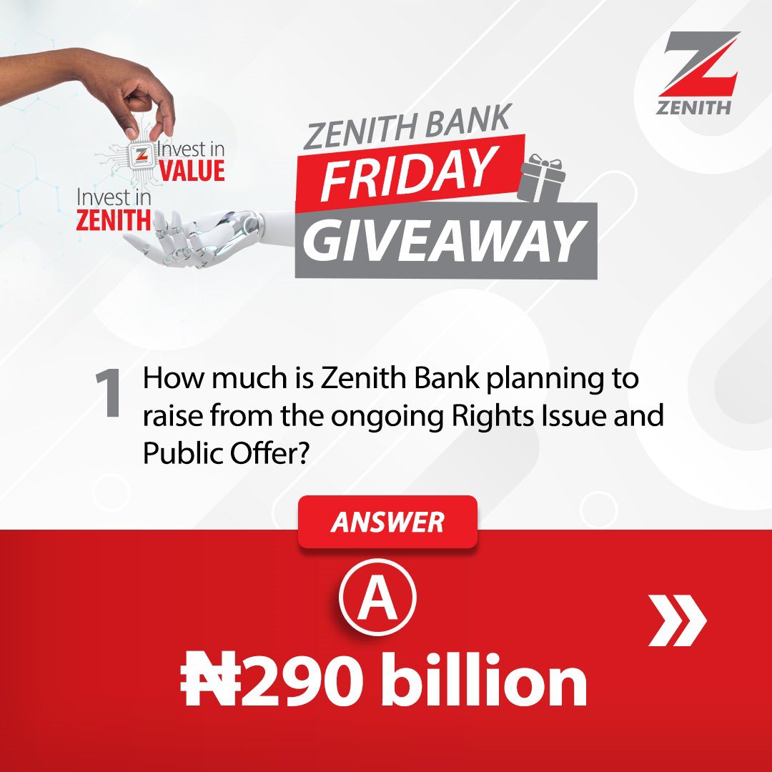 ZenithBank's tweet photo. Congratulations to the winners of the Zenith Bank Friday Giveaway!
Kindly send us a DM to redeem your prizes.
Thank you for participating and for banking with us.
#ZenithBank #ZBFridayGiveaway #InvestInValueInvestInZenith #ZenithBankPublicOffer2024 https://t.co/5UawPtEAFt