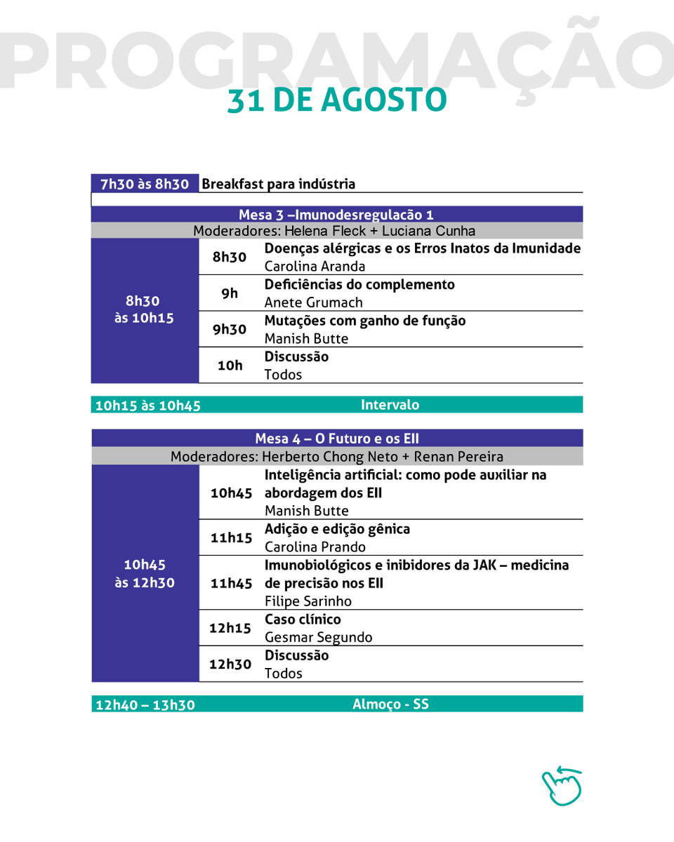 ASBAI_alergia's tweet photo. Você já viu a programação do BRAGID Meeting?
Passe as imagens para o lado e confira.
Inscrições com desconto terminam dia 23/08.
Acesse: https://t.co/XIQ5mBBFS6
#BRAGIDMeeting #imunologia #LASID #JeffreyModellFoundation #EII #plasmajabrasil #alergia #ASBAI #BRAGID https://t.co/Kc7x3AykeL