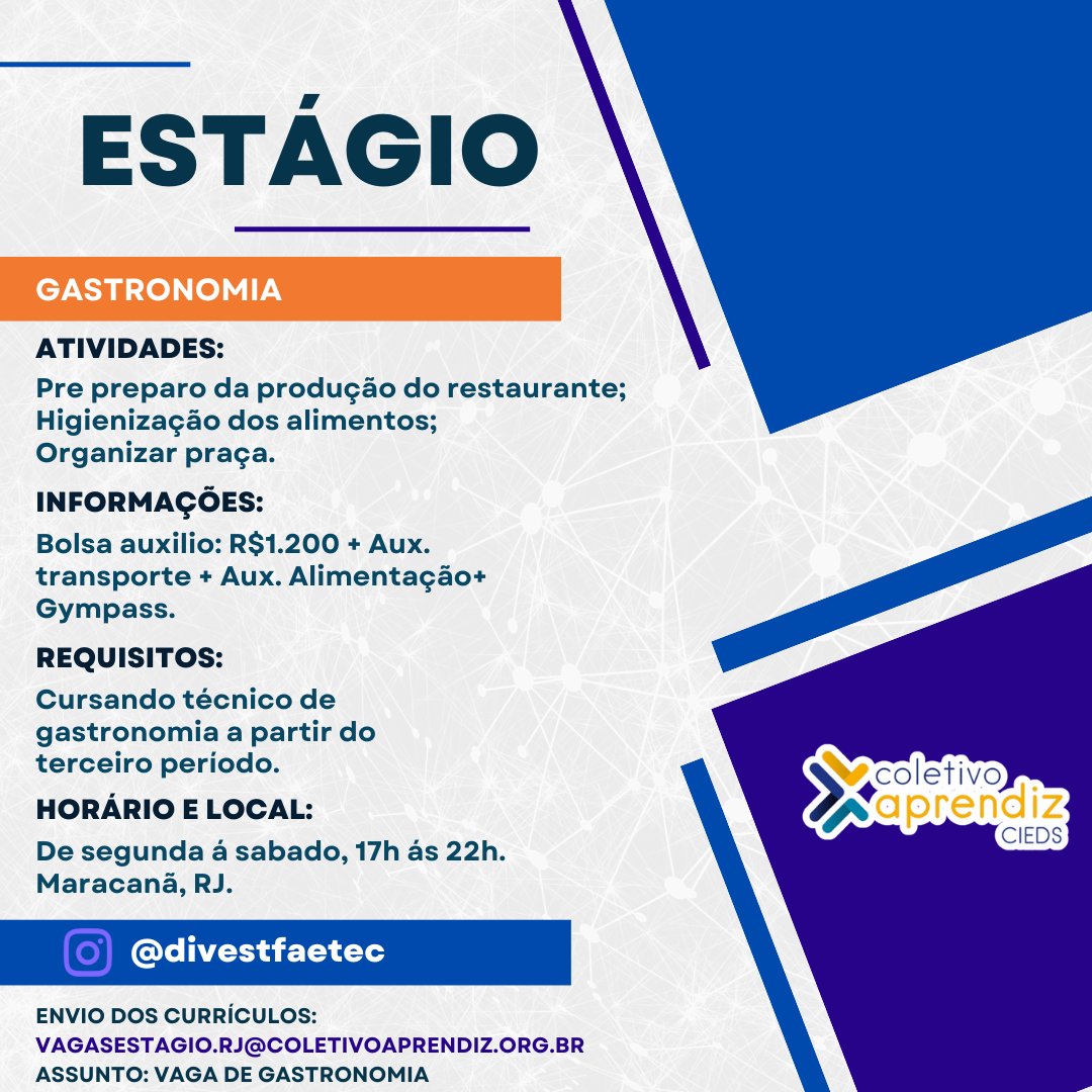 DivestFAETEC's tweet photo. 🚨 Oportunidade de Estágio!🎓

Cursos: Técnico em Gastronomia.

📍 Local: Maracanã - RJ.
⏰ Horário: De segunda a sábado, 17h ás 22h.
Bolsa Auxílio: R$1200,00.
+Benefícios

Envio dos currículos:
vagasestagio.rj@coletivoaprendiz.org.br
Assunto: vaga de gastronomia https://t.co/KHPg3uIvIw