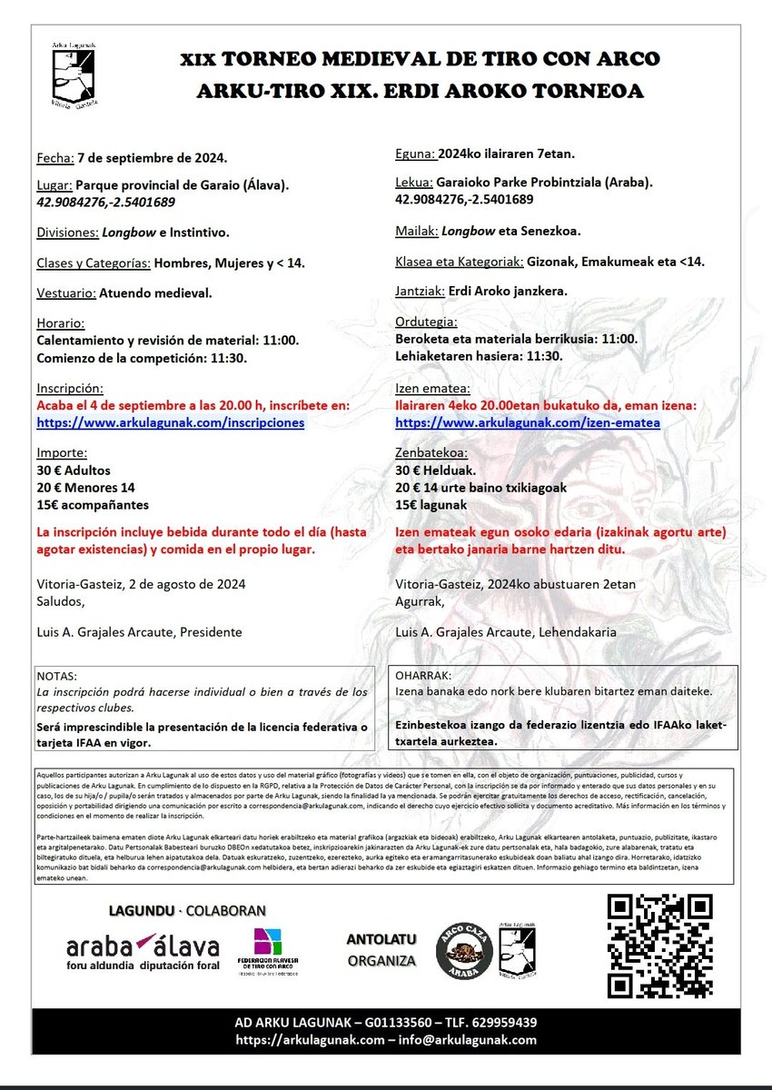 El próximo 7 de septiembre se celebrará el  ya tradicional Torneo Medieval de Tiro con Arco Arku Lagunak, que este año cuenta ya su XIX edición. 
                arkulagunak.com/es/
