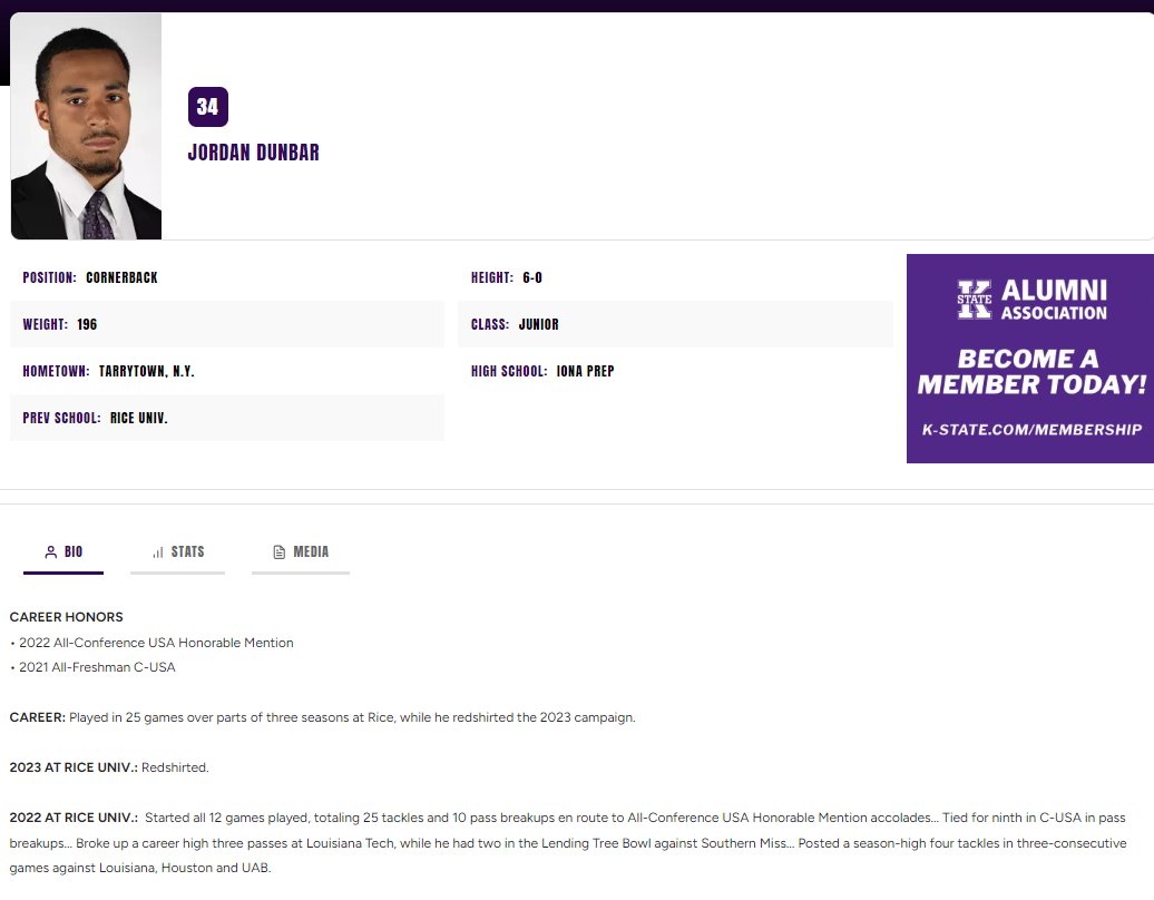 When it comes to transfer portal DBs Klieman, Klanderman &amp; Malone have an amazing success rate. It seems like 75% have made it to the NFL. K-State has 2 solid CB starters &amp; some really talented young guys, but it wouldn't surprise me at all if Jordan Dunbar made a big impact.