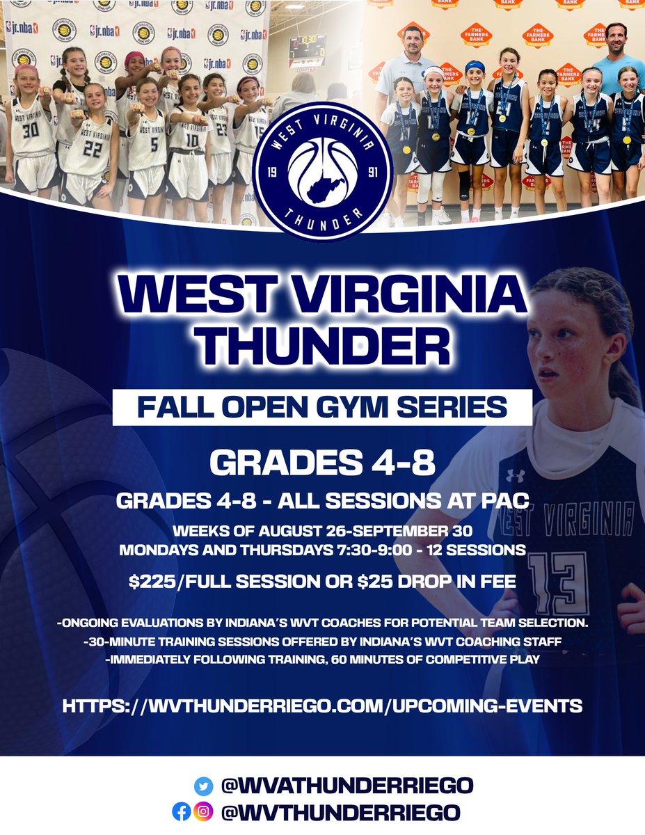 West Virginia Thunder Riego (@wvathunderriego) on Twitter photo 🚨JUST ANNOUNCED!!🚨
WVTR Fall Open Gym Series at <a href="/pacersac/">Pacers Athletic Center</a> !
This is a great opportunity for players in Grades 4-8 to get in front of our Indiana WVTR coaches for skill development and competitive play!
6 weeks, August 26-Sept 30
Register today! 🔵⚪️
wvthunderriego.com/upcoming-events 🚨JUST ANNOUNCED!!🚨
WVTR Fall Open Gym Series at <a href="/pacersac/">Pacers Athletic Center</a> !
This is a great opportunity for players in Grades 4-8 to get in front of our Indiana WVTR coaches for skill development and competitive play!
6 weeks, August 26-Sept 30
Register today! 🔵⚪️
wvthunderriego.com/upcoming-events