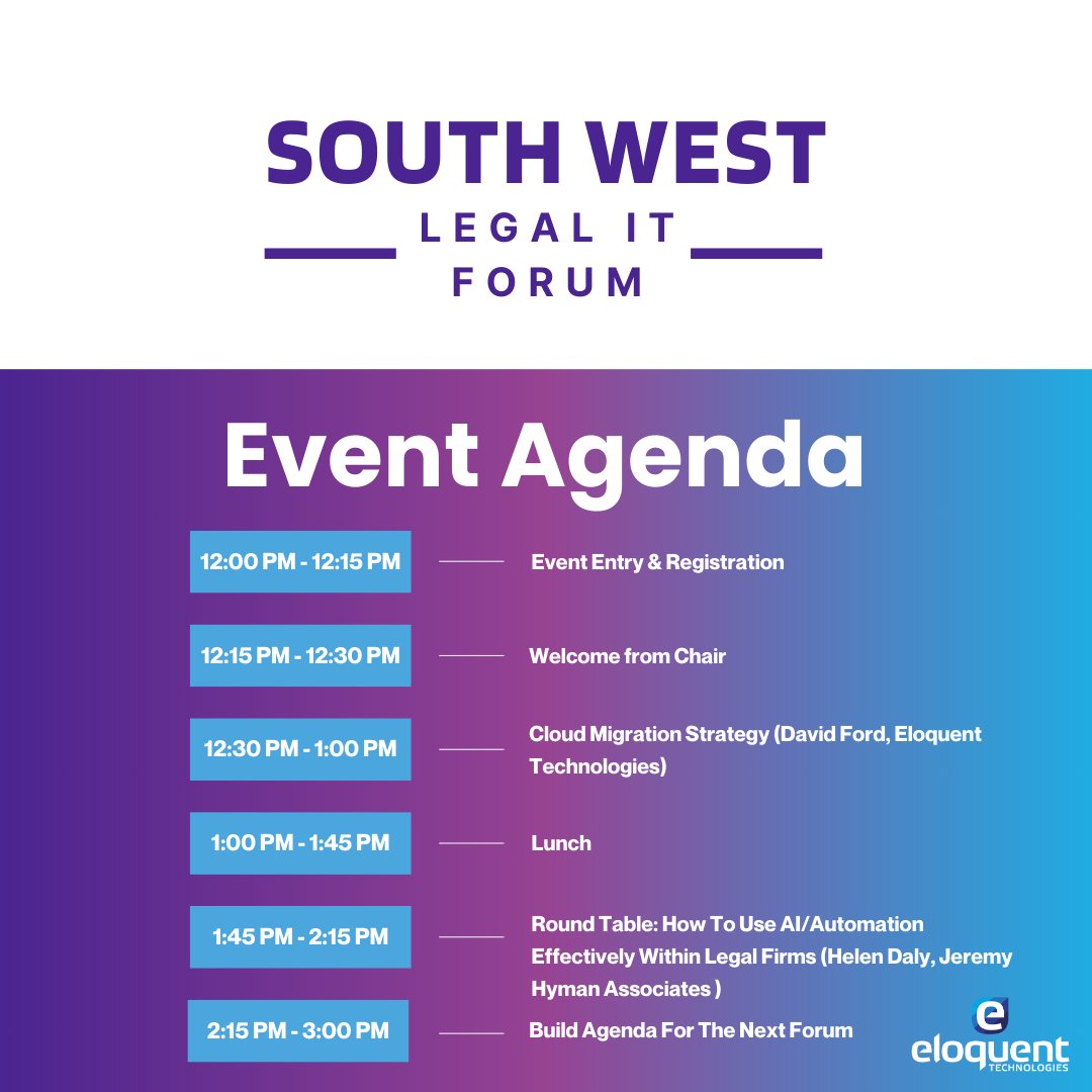 We’re pleased to announce that the agenda for the South West Legal IT Forum is now finalised! Join us in Exeter on the 10th of October for an exclusive event where IT professionals from South West law firms come together to explore and discuss latest trends in legal technology.