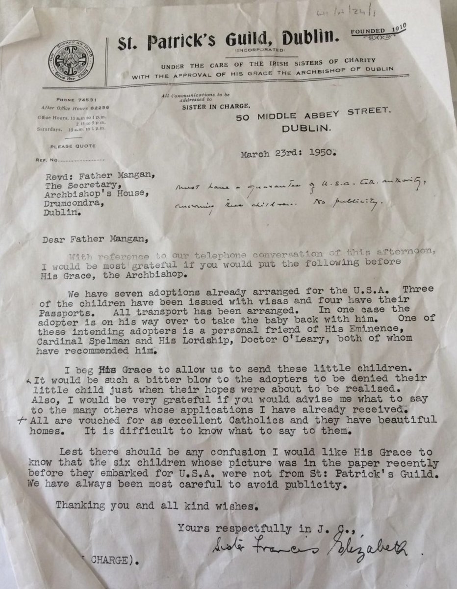 breeda_murphy's tweet image. 1/4. Adoption was not yet legal in Ireland which explains the content of this latter dated March 23rd 1950. The letter is from Sister Frances Elizabeth on letterhead from St. Patrick’s Guild, 50, Middle Abbey Street Dublin.  It is addressed to Rev Fr Mangan.