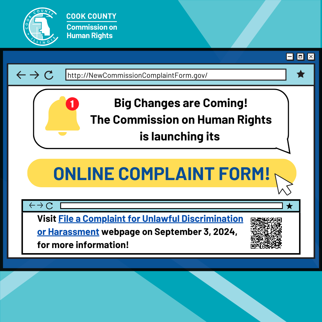 CookCtyHumanRts's tweet image. Big changes are coming to the Cook County Commission on Human Rights through a new online complaint form!

Visit the File a Complaint page on September 3, 2024 to access the live form: cookcountyil.gov/service/compla…

#CookCounty #HumanRights #NewProcess