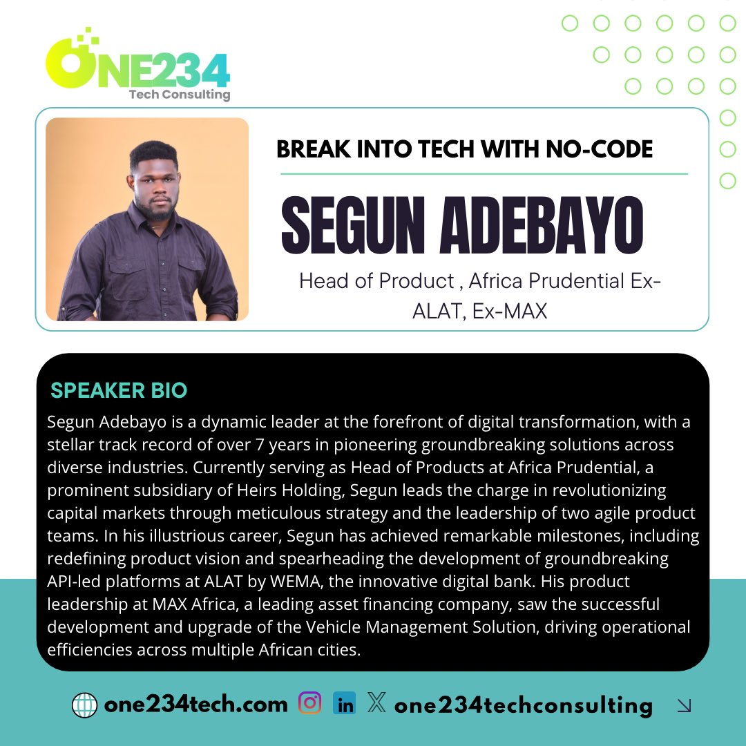 One234Tech's tweet photo. What’s better than a free webinar for students trying to start a tech career?
A webinar anchored by a speaker with over 7 years Product Management experience who has honed his skills while working for some of the biggest companies in Africa.
Meet Segun Adebayo!
#one234tech https://t.co/V219XxCRuO