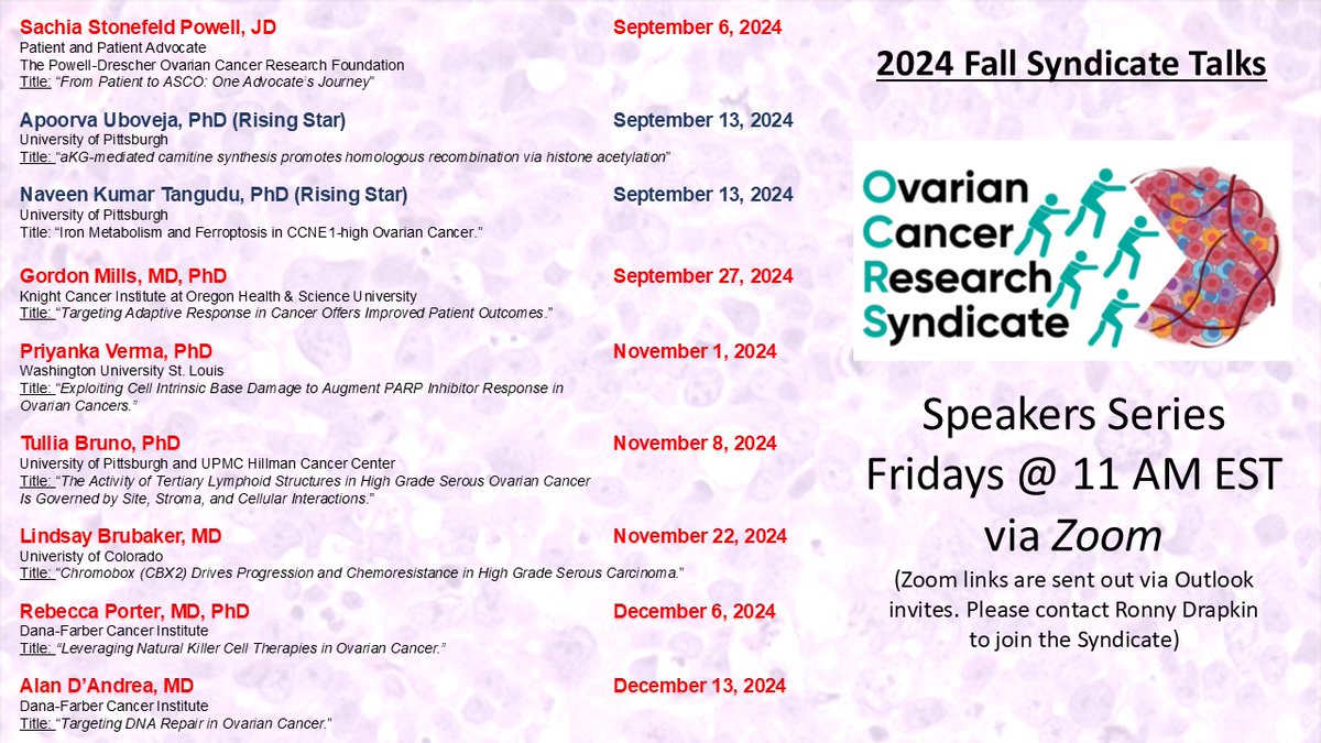 Penn Ovarian Cancer Research Center (@penn_ocrc) on Twitter photo Excited to share the line-up of the Ovarian Cancer Research Syndicate speakers for the fall. Exciting topics from Rising Stars, early career investigators, and established faculty. Join us!
<a href="/BcellBruno/">Tullia Bruno, PhD</a> <a href="/PowerOvarian/">Powell-Drescher Ovarian Cancer Research Foundation</a> <a href="/DJPowellLab/">Daniel Powell Lab @ UPENN</a> <a href="/airdlab/">Katherine Aird</a> <a href="/bitlerlabucd/">Ben Bitler</a> <a href="/cancerassassin1/">Emil Lou, MD, PhD, FACP</a> <a href="/DiFeoLab/">Analisa DiFeo</a> Excited to share the line-up of the Ovarian Cancer Research Syndicate speakers for the fall. Exciting topics from Rising Stars, early career investigators, and established faculty. Join us!
<a href="/BcellBruno/">Tullia Bruno, PhD</a> <a href="/PowerOvarian/">Powell-Drescher Ovarian Cancer Research Foundation</a> <a href="/DJPowellLab/">Daniel Powell Lab @ UPENN</a> <a href="/airdlab/">Katherine Aird</a> <a href="/bitlerlabucd/">Ben Bitler</a> <a href="/cancerassassin1/">Emil Lou, MD, PhD, FACP</a> <a href="/DiFeoLab/">Analisa DiFeo</a>