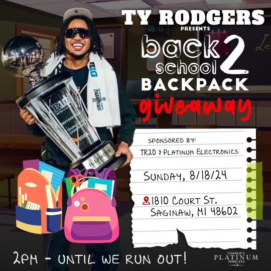 Ty_rodgers20's tweet photo. SAGINAW!! Back to school giveaway this Sunday. Bring your kids out for free backpacks and school supplies. 2pm until we’re out. https://t.co/4sf5YK4y94
