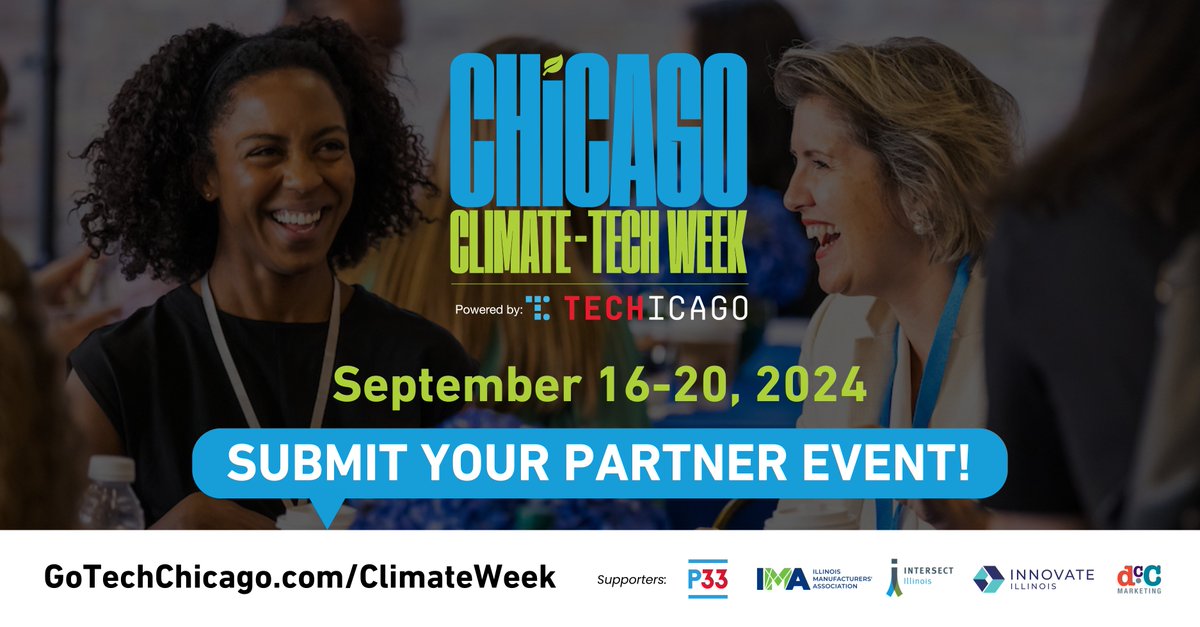 IllinoisEDC's tweet image. 🌟 Join us at @GoTechChicago&apos;s second annual Chicago Climate Tech Week, Sept. 16 - 20. 🌟

Register for the main and partner events or submit your partner event here: bit.ly/4fHnLrG

@P33Chicago @IMA_Today @dccmarketing #ChiClimateTechWeek24
