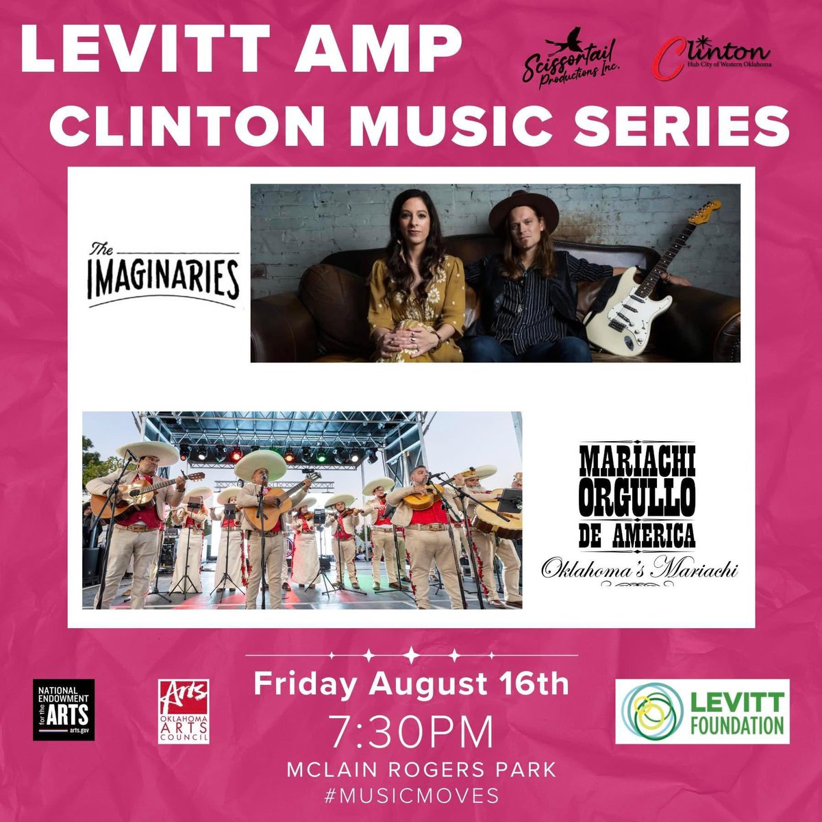 imaginariesband's tweet photo. Clinton, OK! See you TONIGHT at @levittampclinton! We play at 7:30 pm sharp! Full band / All Ages / Free ☀️🎶🎸#theimaginaries #clintonok #levittpavilion #imaginariesband #tonight #okiemusic #livemusic https://t.co/njBadyGH9X