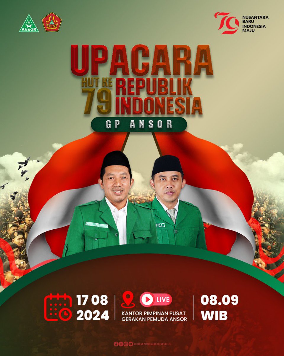 Official_Ansor's tweet photo. Menyemarakkan semangat kemerdekaan, GP Ansor akan melangsungkan Upacara HUT ke-79 Republik Indonesia di Kantor Pimpinan Pusat GP Ansor dan Live di Channel YouTube GP Ansor pada jam 08.09 WIB.

Upacara akan dilangsungkan serentak oleh seluruh perangkat organisasi dan kader Ansor Banser. 

“Nusantara Baru Indonesia Maju”