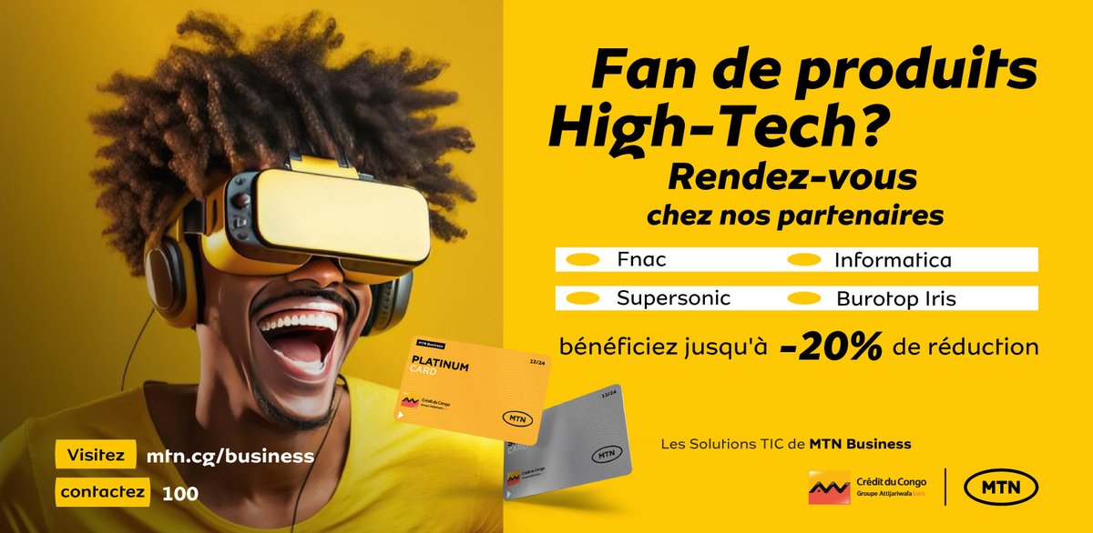 Fan de produits High-Tech ? 

Rendez-vous chez nos partenaires et profitez jusqu'à -20% de réduction grâce à votre carte de fidélité MTN&amp;CDC Business Club

Pour plus d'informations, contactez-nous au 100 ou envoyez un e-mail à mtnbusiness.cg@mtn.com.

#AlorsOnFaitQuoiAujourdhui