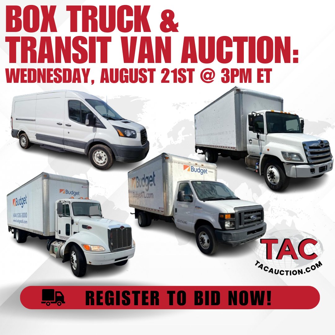 tac_auction's tweet photo. Live Box Truck & Transit Van: Wednesday, August 21st @ 1PM ET
https://t.co/ofZt7IKsdh
#tacauction #onlineauction #boxtruck #transitvan https://t.co/HEpP4UXyRh