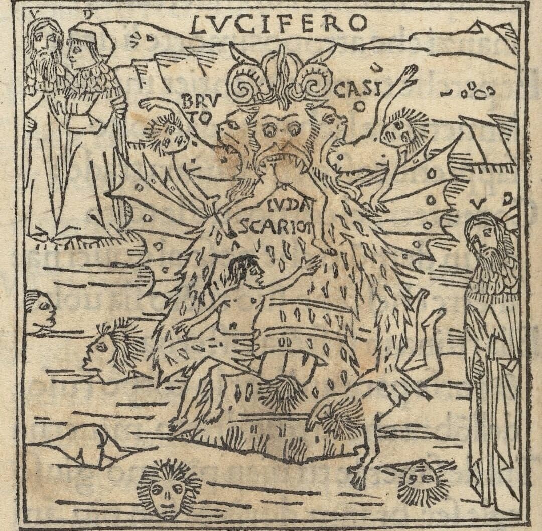 archaeologyart's tweet photo. Lucifer devours Brutus, Cassius and Judas Iscariot in Dante’s Inferno, 1491. https://t.co/tugDOX5vFL