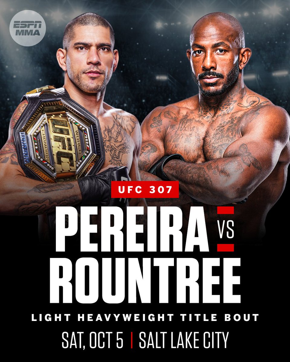 espnmma's tweet image. Alex Pereira will defend his light heavyweight title against Khalil Rountree at #UFC307 in Salt Lake City, Dana White announced.