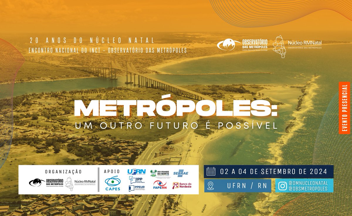 🟠Último dia para inscrição com kit congressista do Encontro Nacional “Metrópoles: um outro futuro é possível”, que ocorrerá em Natal/RN (<a href="/ufrnbr/">UFRN</a>), de 02 a 04 de setembro de 2024. As inscrições são gratuitas e o evento é aberto ao público. Acesse: even3.com.br/encontro-nacio…