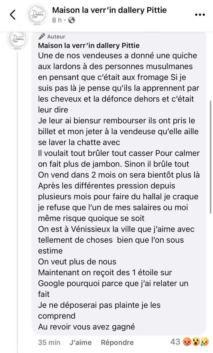 ⚠️ A #Venissieux (69), un boulanger est contraint d’arrêter de proposer des produits à base de porc suite à une agression verbale de clients musulmans à l’encontre de la vendeuse. Le propriétaire explique qu’il subit des pressions depuis des mois pour ne servir que des produits