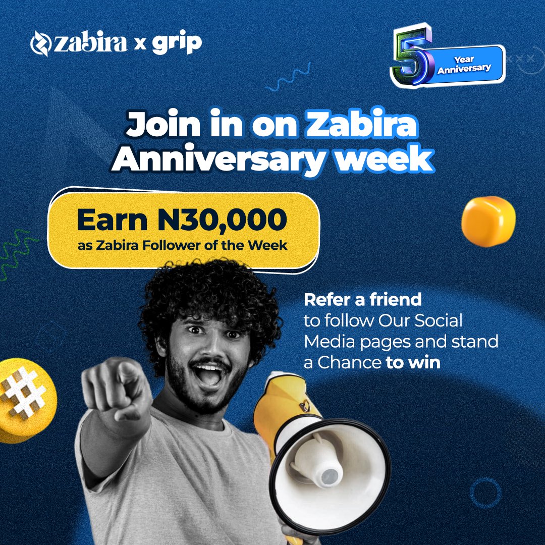 Win N30,000 as Zabira follower of the week🎉🎉 in Zabira’s Big 5 
To be eligible:

1. Share this image on your stories
2. REFER friends to FOLLOW <a href="/TheZabira/">Zabira</a>, mentioning your name in the comment section. 

User with the most referrals on 23rd of August wins📣📣