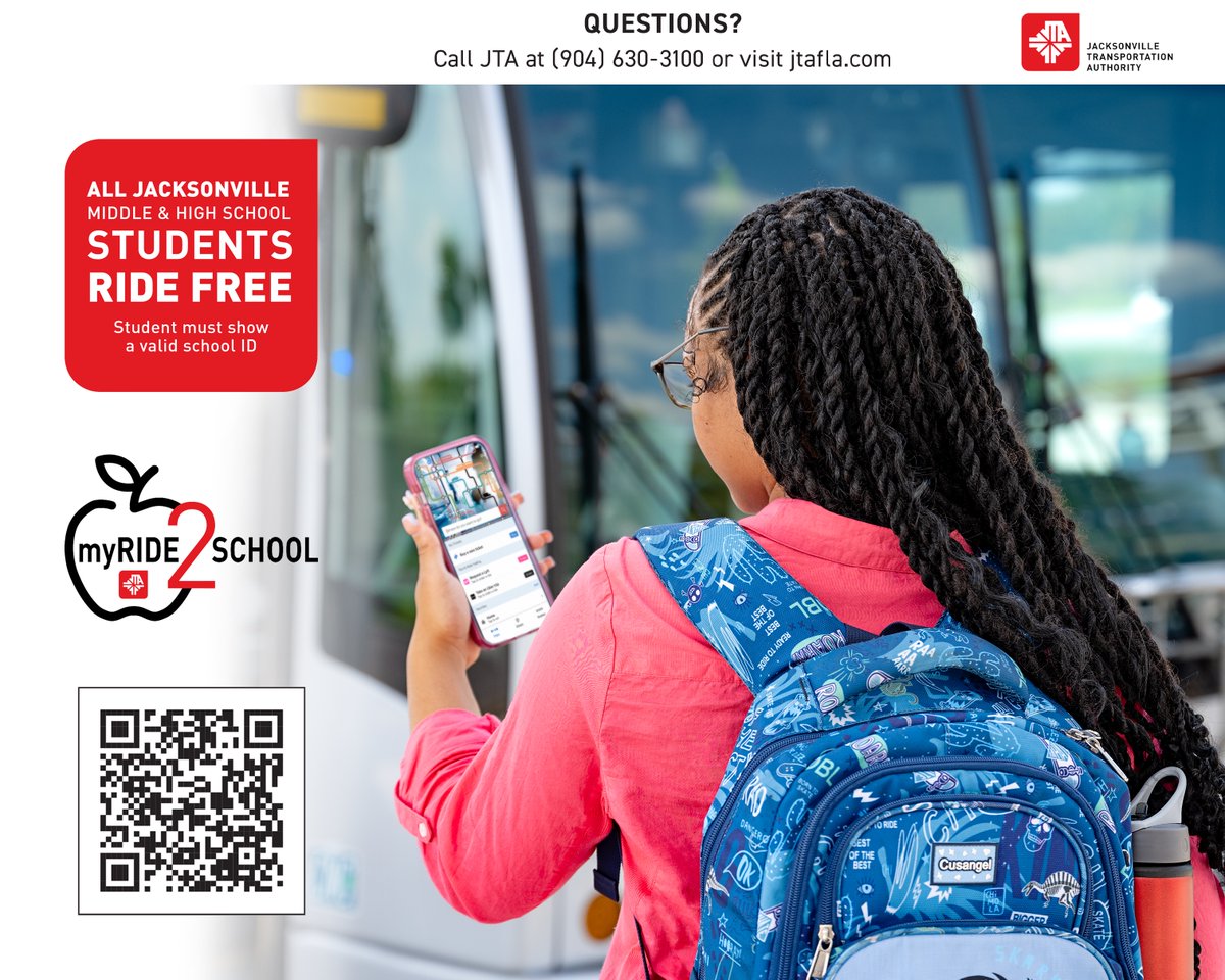 We hope everyone is enjoying their first week
back to school!! And ICYMI, the JTA's myRIDE2School program is back too. jtafla.com/ride-jta/fares… 
<a href="/DuvalSchools/">DCPS</a> Middle &amp; High School students w/ valid ID can ride JTA buses at no cost seven days a week.