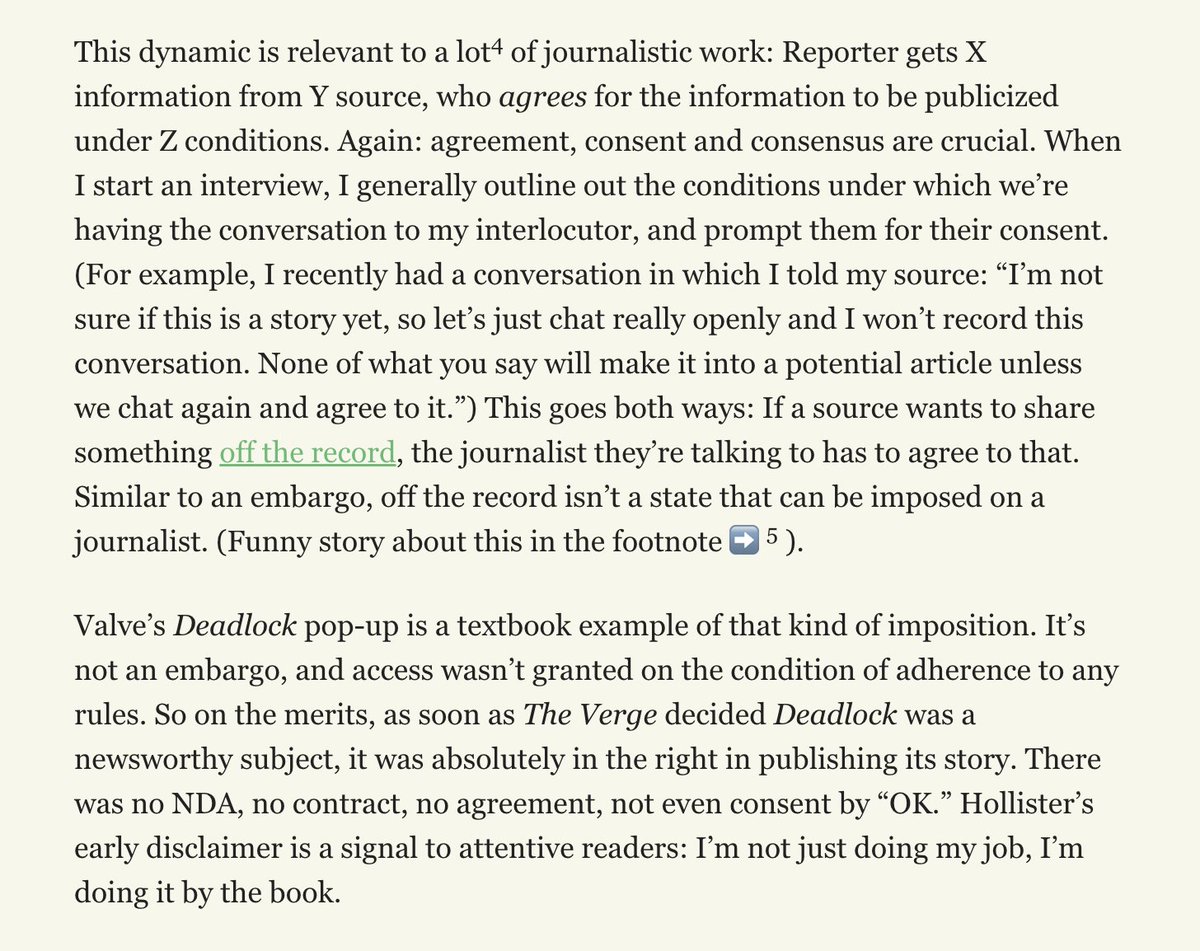 If you take anything away from the Deadlock situation, let it be this: You can't just unilaterally impose "off the record" on a journalist. It's an agreement!
readergrev.com/p/deadlock-pre…