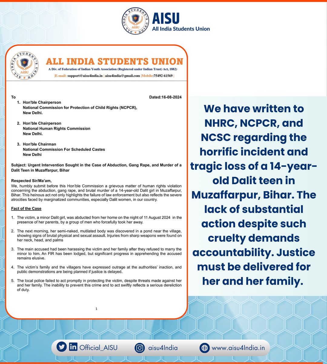 We @official_aisu have written to <a href="/India_NHRC/">NHRC India</a>, <a href="/NCPCR_/">NCPCR</a>, and <a href="/NCSC_GoI/">National Commission for Scheduled Castes</a> regarding the horrific incident and tragic loss of a 14-year-old Dalit teen in Muzaffarpur, Bihar. Justice must be delivered for her and her family #JusticeForMuzaffarpurVictim #Muzaffarpur #Bihar