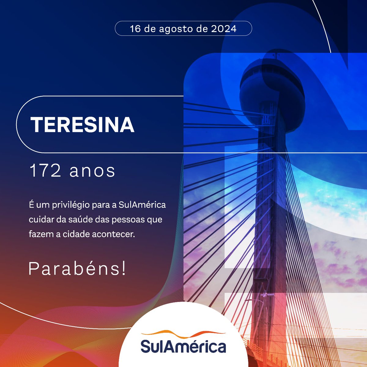 CintiaHCosta's tweet photo. Parabéns, Teresina🎉 Hoje, (16/08/2024) é comemorado o aniversário de 172 anos da cidade. É um privilégio para a SulAmérica cuidar da saúde das pessoas que fazem esta cidade acontecer! 🧡 #PRASulAmerica #32157 https://t.co/58ywtjtsRV
