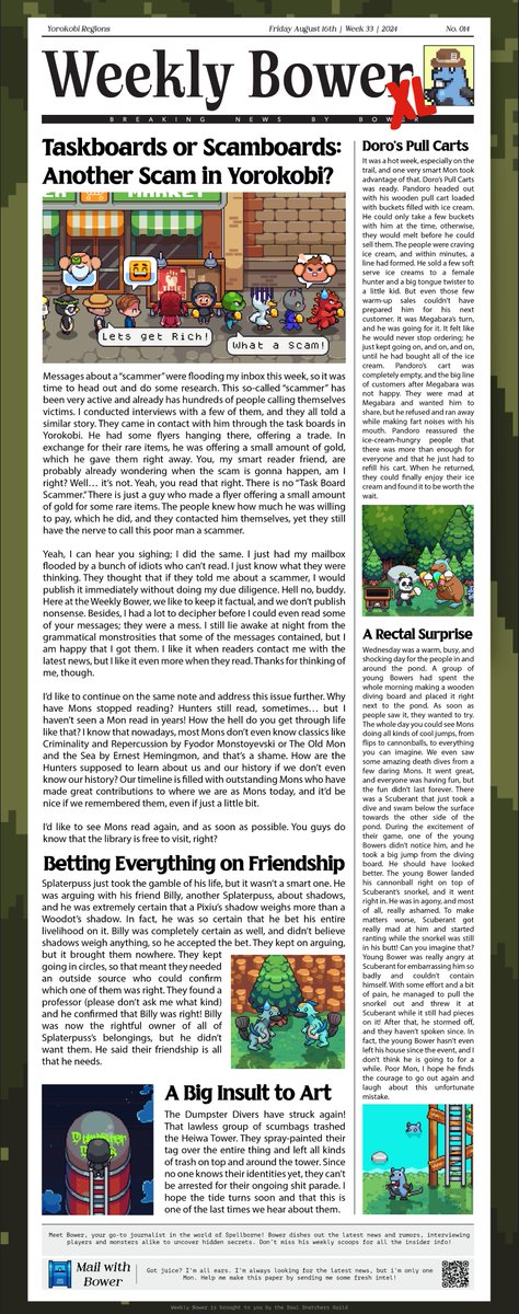 SoulSnatchGuild's tweet photo. 🎉 NEW #WeeklyBower  A very special XL edition! 🗞️ This is our 14th newspaper already! Dive into the latest news and scoops. 🔍📰 Thank you for your support! It means the world to Bower! 🙏🌍 #Spellborne https://t.co/o6ikWn9XzL