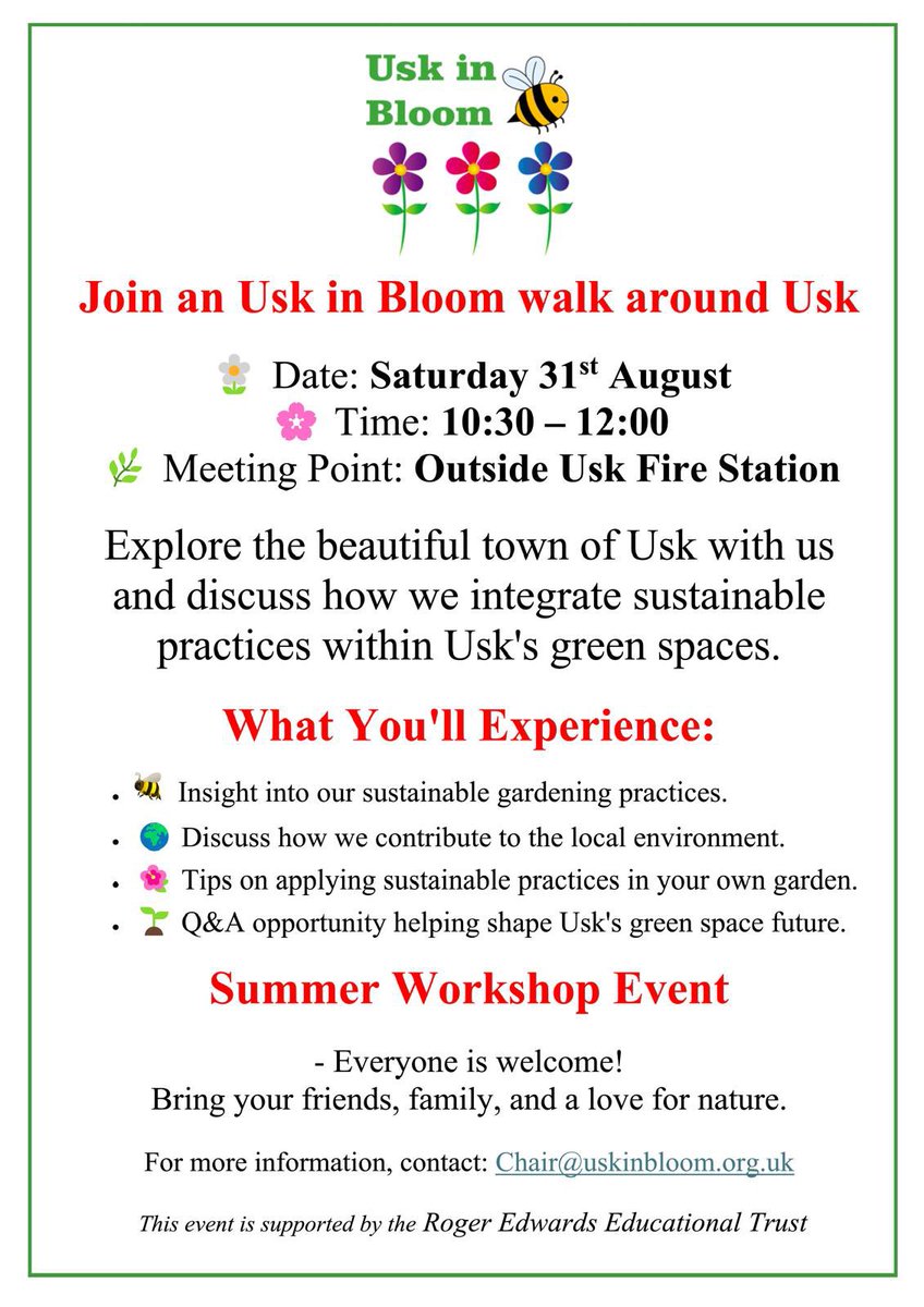 Usk in Bloom (@uskinbloom) on Twitter photo Ever wondered what the <a href="/walesinbloom/">Wales in Bloom</a> judges see and what gets said by our amazing volunteers on judging day ?
Here’s your chance to find out!
Join us for a fabulous tour of our beautiful Town of Flowers on Saturday 31st August ⬇️⬇️⬇️ Ever wondered what the <a href="/walesinbloom/">Wales in Bloom</a> judges see and what gets said by our amazing volunteers on judging day ?
Here’s your chance to find out!
Join us for a fabulous tour of our beautiful Town of Flowers on Saturday 31st August ⬇️⬇️⬇️