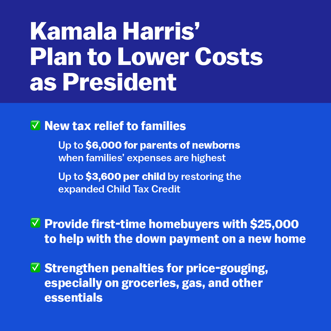 KamalaHarris's tweet photo. My plan to lower costs and expand opportunity for working and middle-class Americans. https://t.co/MIW7Ujd9kS