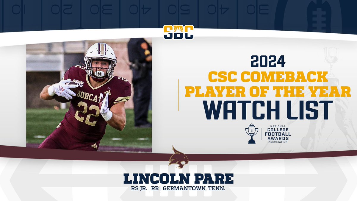 Sun Belt (@sunbelt) on Twitter photo ๐ฃ๐๐ฅ๐ ๐๐ข๐ฅ ๐ง๐๐ ๐๐ข๐จ๐ฅ๐ฆ๐.
<a href="/TXSTATEFOOTBALL/">Texas State Football</a> redshirt junior running back <a href="/Lincdog4/">Lincoln Pare</a> named to the <a href="/CollSportsComm/">College Sports Communicators</a> <a href="/ComebackPlayrFB/">ComebackPlayrFB</a> Preseason Watch List.โ๏ธ๐
๐ฐ ยป sunbelt.me/3SopsjW ๐ฃ๐๐ฅ๐ ๐๐ข๐ฅ ๐ง๐๐ ๐๐ข๐จ๐ฅ๐ฆ๐.
<a href="/TXSTATEFOOTBALL/">Texas State Football</a> redshirt junior running back <a href="/Lincdog4/">Lincoln Pare</a> named to the <a href="/CollSportsComm/">College Sports Communicators</a> <a href="/ComebackPlayrFB/">ComebackPlayrFB</a> Preseason Watch List.โ๏ธ๐
๐ฐ ยป sunbelt.me/3SopsjW