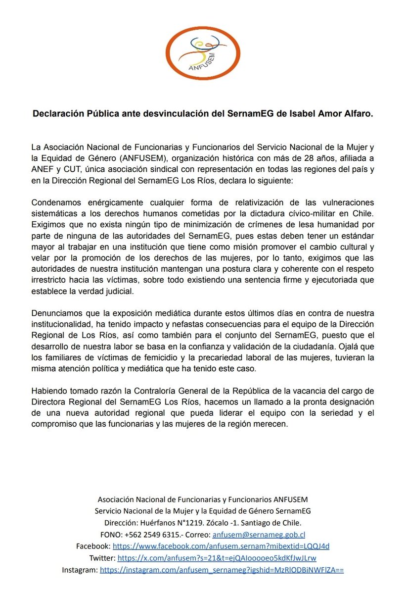 Vesnamada's tweet photo. Declaración de @ANFUSEM histórica asociación de funcionarias/os del @SernamEGChile ant despido por perdida de confianza de @_isabelamor 
"Ojalá que familares de víctimas de Femicidios y la precariedad de las mujeres tuvieran la misma atención política y mediática" https://t.co/uOTz96BYbJ