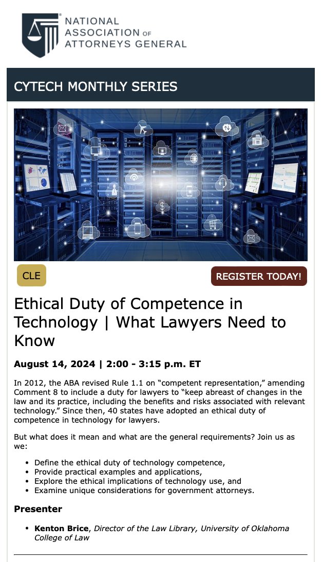 ACarpenterProf's tweet photo. Law Library Director Kenton Brice preseted on the Duty of Technology Competence to the @NatlAssnAttysGn last Wednesday. Another great example of how @UofOklahomalaw is helping to move the legal profession forward through partnerships and thought leadership. #TechCompetence #NAAG https://t.co/14xeilY1cM