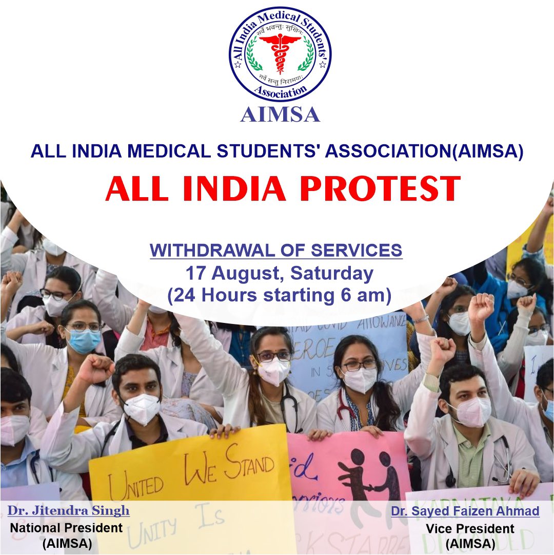 official_aimsa's tweet photo. #justiceformaumita 
Withdrawal of Services from 17/08/2024 6 am to 18/08/2024 
6 am in protest against the injustice to the resident doctor from R G Kar Medical College,Kolkata and attack on medical students and protesters.
@ANI @PTI_News @PMOIndia @NMC_IND #MedTwitter https://t.co/R9yeUYWd0O