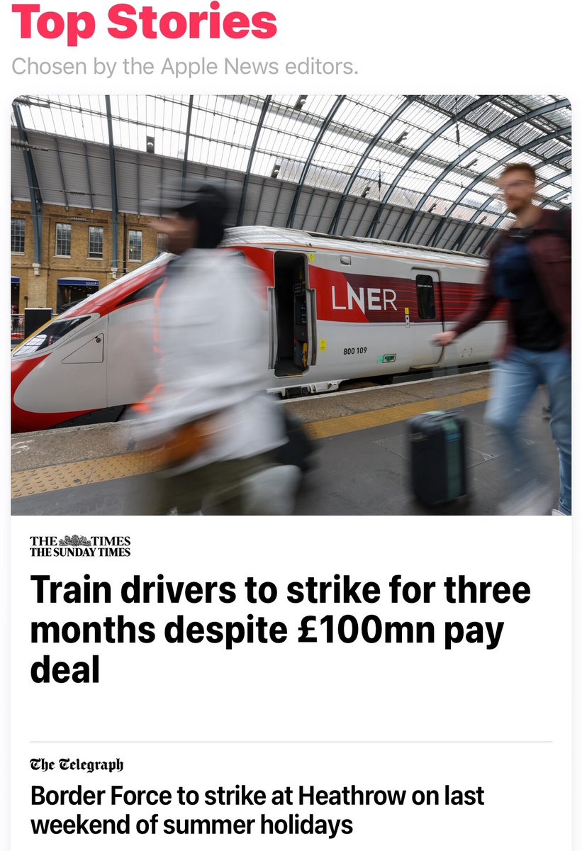 GiftCee's tweet photo. Top Stories:

Train drivers to strike for 3 months 
Heathrow Border force to strike for 23 days. https://t.co/rHHvmCxtQu