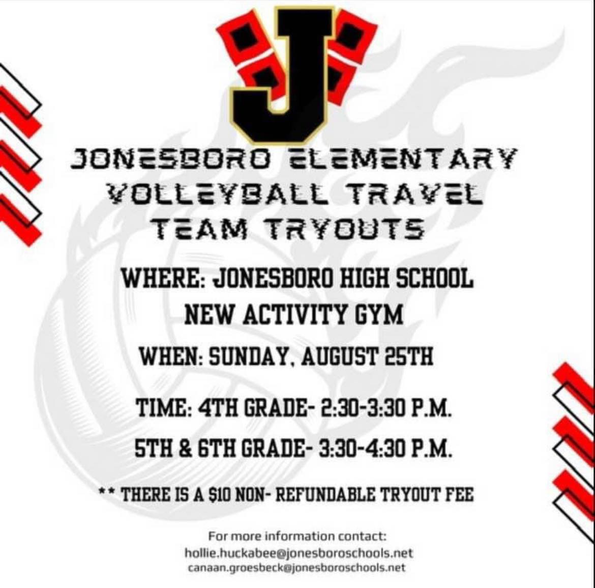 🏐Volleyball travel team tryouts for students in 4-6 grade is August 25. Please see the picture for more details.