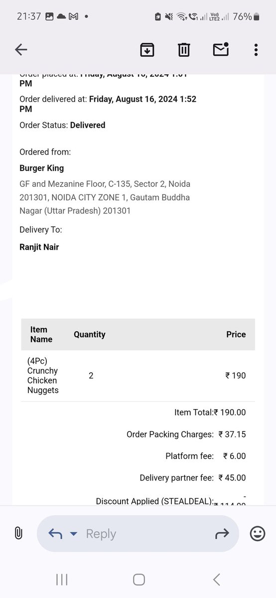 ranjitnair2903's tweet photo. @BurgerKing @SwiggyCares @jagograhakjago 

Hi BURGER KING, your Noida sector2 branch is delivering burned nuggets. Is this the quality checks you does before delivering the food items? 

Order No: 182763115522126
Platform: Swiggy 

Swiggy should dislist such franchises. Attached https://t.co/InS5cPAMte
