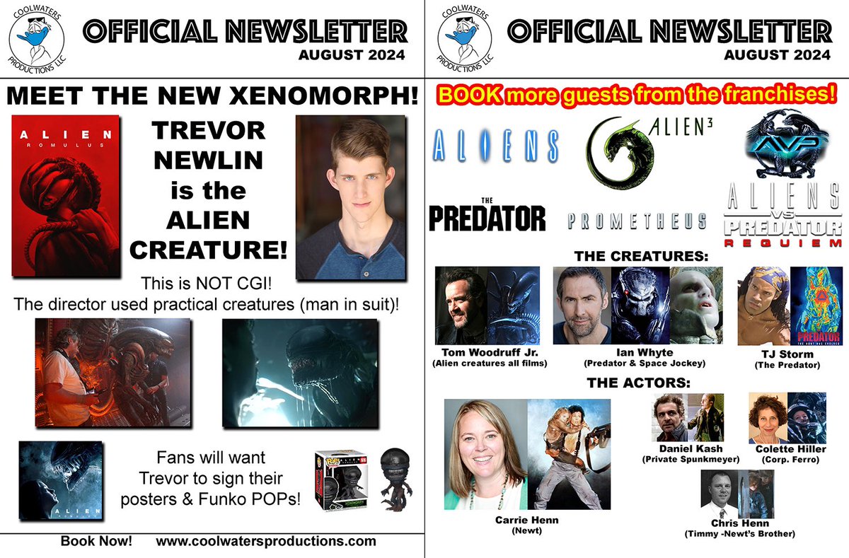 Here is our August Newsletter! Going to see #AlienRomulus this weekend? We represent some amazing clients from the Alien franchise. Book them for your next convention or special event. Contact us at coolwatersprods.com 👽😎
