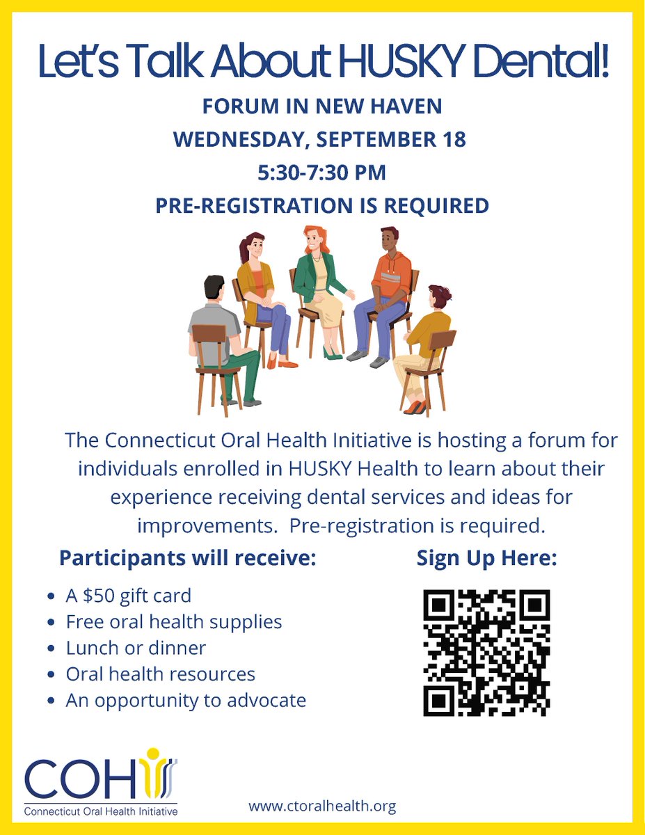 esdhd's tweet photo. Join in a forum to discuss HUSKY Dental Plan. What's working? What isn't? Receive a $50 gift card.  Registration through the QR Code here or on our website. For more information: https://t.co/gCDu4Wln7p https://t.co/Ukav7K3YHP