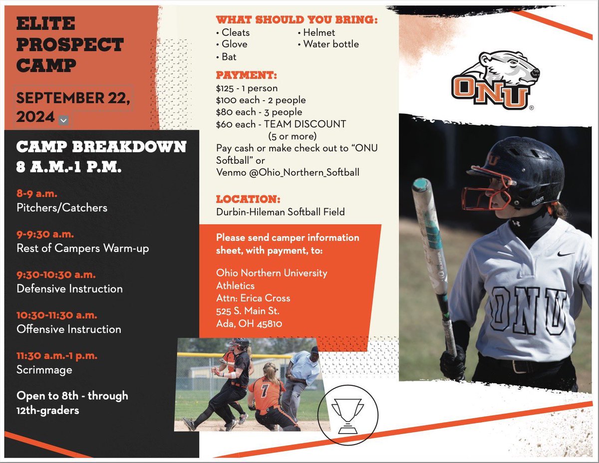 ONUSoftball's tweet image. 🚨Attention prospects🚨 

We will be hosting our ELITE PROSPECT CAMP Sunday, September 22nd. Open to 8-12th graders. Save the date!🐻‍❄️🧡

Registration link 🔗 payment.onu.edu/C21185_ustores…

Hoping to find some future Polar Bears!