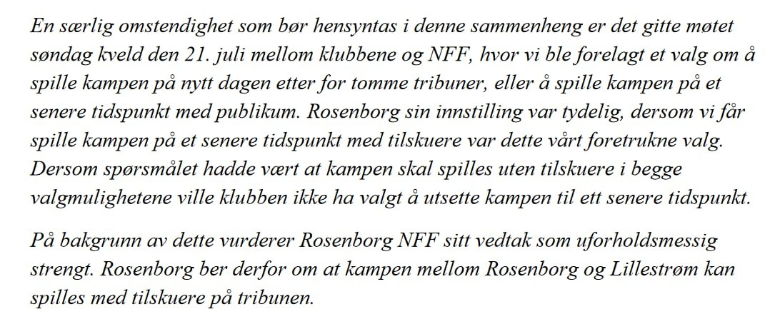 Roger Bremnes (@polroger10) on Twitter photo Så <a href="/nff_info/">NorgesFotballforbund</a> ga <a href="/RBKfotball/">Rosenborg Ballklub</a> et valg om å spille samme dag/dagen etter u/tilskuere, eller spille kampen senere m/tilskuere.
Klubbene valgte på det grunnlaget senere, med tilskuere.
Og hva bruker NFF som grunnlag for ingen tilskuere nå? Jo vi sa nei til å spille med en gang. Så <a href="/nff_info/">NorgesFotballforbund</a> ga <a href="/RBKfotball/">Rosenborg Ballklub</a> et valg om å spille samme dag/dagen etter u/tilskuere, eller spille kampen senere m/tilskuere.
Klubbene valgte på det grunnlaget senere, med tilskuere.
Og hva bruker NFF som grunnlag for ingen tilskuere nå? Jo vi sa nei til å spille med en gang.