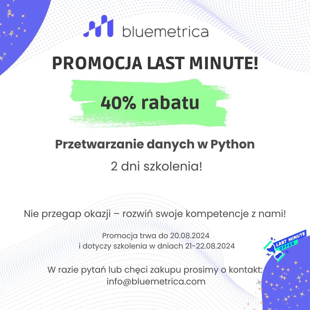 bluemetricaPL's tweet image. PROMOCJA -40% na kurs Przetwarzanie danych w Python!
Tylko teraz, oferujemy aż 40% zniżki na kurs Przetwarzania danych w Pythonie!
bluemetrica.com/.../przetwarza…
#Python #KursPython #NaukaProgramowania #DataScience #AnalizaDanych #SztucznaInteligencja #Programowanie #RozwójZawodowy