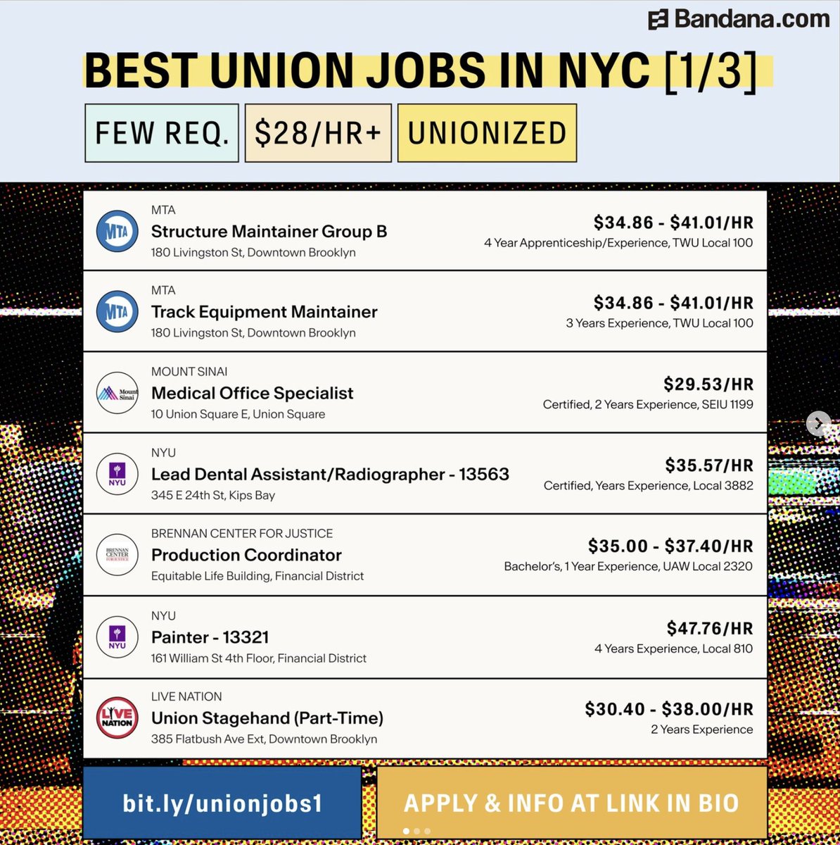 workersclubnyc's tweet photo. We've put together a list of 20 great union jobs in New York City! 

CHECK OUT HERE: https://t.co/6gauhKtLlT

This includes jobs from the MTA, NYU, Mount Sinai, and Columbia University.

#nycjobs #nycjobsearch #hoteljobs #hospitaljobs #schooljobs https://t.co/KMcVXkTI3b