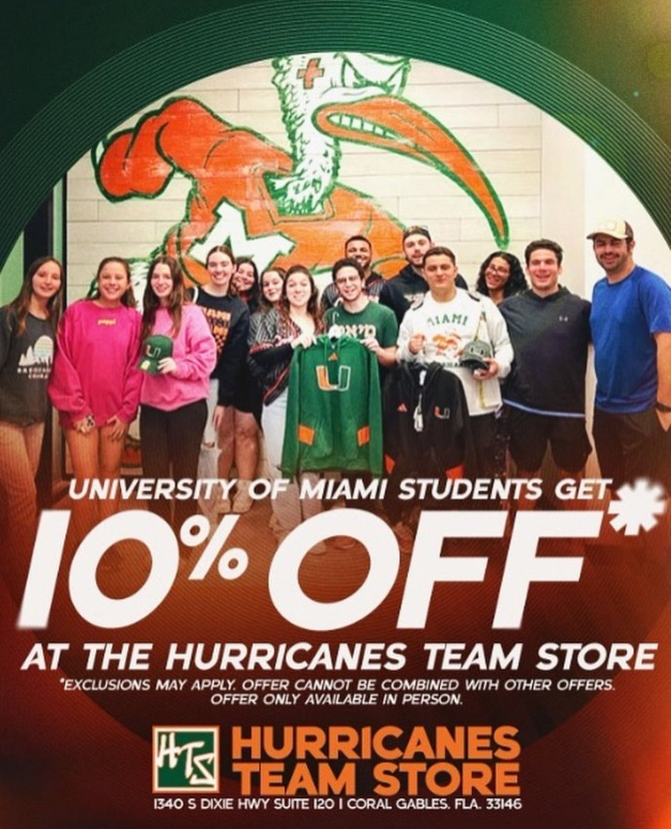 Jalen Blackmon (@jalenblackmon1) on Twitter photo Did you know University of Miami students get a 10% discount at the Hurricanes Team store? Stop by and stock up on all your gear for the year! Just show your Cane Card at the register to get your discount. <a href="/miamihts/">Miami Team Store</a> Did you know University of Miami students get a 10% discount at the Hurricanes Team store? Stop by and stock up on all your gear for the year! Just show your Cane Card at the register to get your discount. <a href="/miamihts/">Miami Team Store</a>
