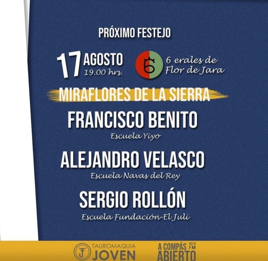 InfoAlexVelasco's tweet photo. Próxima cita "Camino hacia Las Ventas" 
🗓️ Sábado 17 de Agosto 
🕛 19:00h
📍 Plaza de toros de Miraflores de la Sierra 
🐂 @Flordejara6
Responsabilizado y mentalizado para la cita de mañana 🍀💪🏻. 
Os espero a todos!!!
#SeguimosEnLaLucha https://t.co/6cJkq45hgx