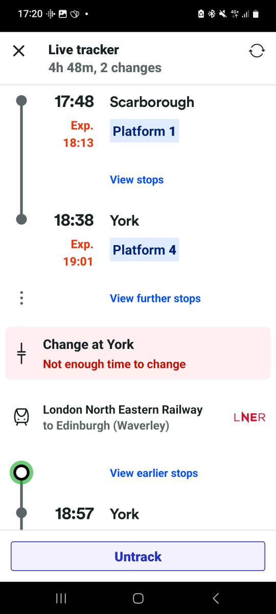 AnnaCatrinReid's tweet photo. @TPExpressTrains @LNER 
hiya. I'm am booked on 17:48 ex Scarborough which is scheduled to depart late, missing the connection at York for the 18:57. I need to get this to get home to Glasgow tonight. Can this service be held? Or how should I travel onwards from York to Glasgow? https://t.co/U6MKvWENp3